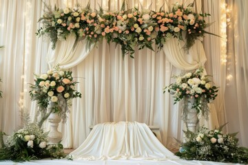 Wedding Ceremony Floral Decor with Draped White Curtains and a Tablecloth