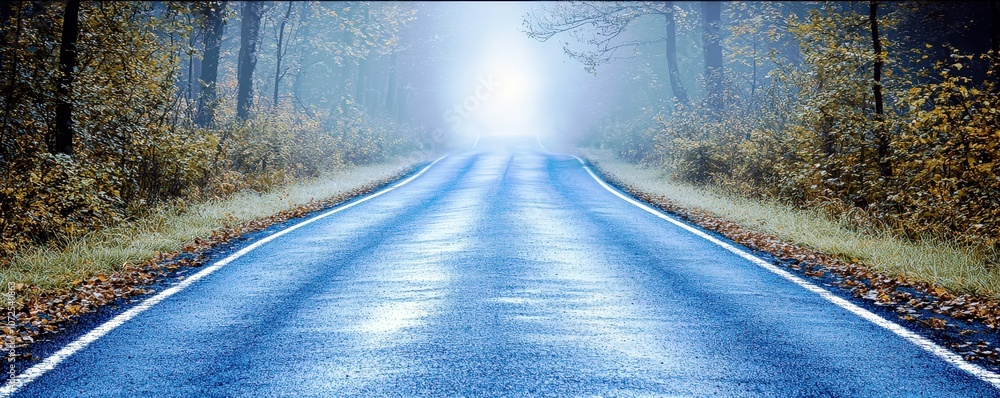 Poster serene misty road surrounded by trees in a tranquil nature scene with soft fog and atmospheric light