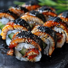 Unagi Tempura Sushi Rolls, Japanese Susi with Green Onions, Flying Fish Red Caviar, Spicy Sauce