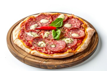 Pepperoni Pizza, Traditional Italian Diabolo Pizza Flatbread on Wood Plate with Salami, Chili Pepper