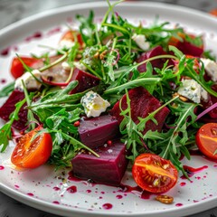 Beetroot Salad with Rucola, Gorgonzola Cheese, Veggie Salat Bowl on White Restaurant Plate