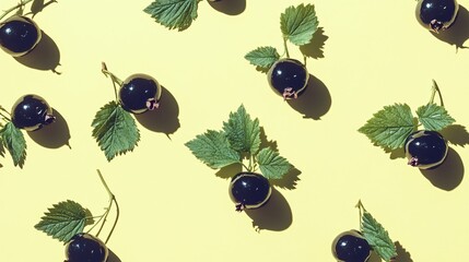 Blackcurrants with green garnish on a pale yellow background, decorative shadow beneath