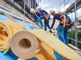 Close-up of roof insulation rolls, with a team of blurry workers preparing to install in the background.