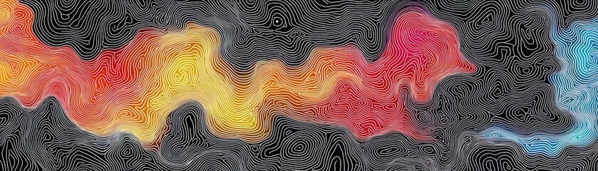 Abstract Colorful Line Pattern with Swirling Shapes in Vibrant Red, Yellow, Blue, and Black Background Creating a Dynamic Visual Flow for Textures and Designs