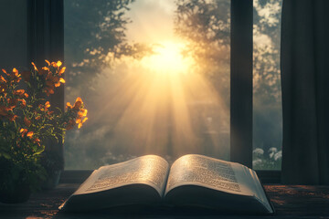Open Bible with a sunrise in the background