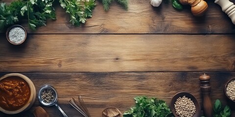 Rustic Wooden Tabletop with Culinary Ingredients and Utensils