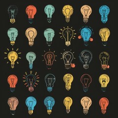 Graffiti light bulbs, lamp icon silhouettes set, lightbulbs isolated, doodle sketched bulbs, creativity idea