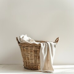 Wicker laundry basket with clothes near light wall, copy space