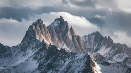 Majestic mountain peaks illuminated by sunlight, surrounded by dramatic clouds and snow-capped slopes, showcasing the breathtaking beauty of nature's highland landscape.