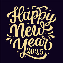 Happy New year 2025. Hand lettering script golden text in a round shape isolated on black background. Vector typography for posters, banners, cards, New year or Christmas decorations