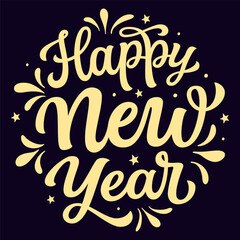 Happy New year. Hand lettering script golden text in a round shape isolated on black background. Vector typography for posters, banners, cards, New year or Christmas decorations