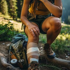 Injured hiker putting elastic bandage to knee, injury during hiking, first aid kit. Knee joint pain