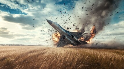 Fighter jet crashing into a field created with Generative AI