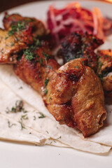 pork kebab on a plate. Juicy delicious food