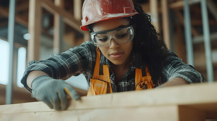 A female construction worker wearing safety glasses and a hard hat measures a piece of wood on a construction site.