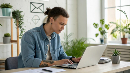 Fototapeta premium Young Person Working on Laptop in Home Office