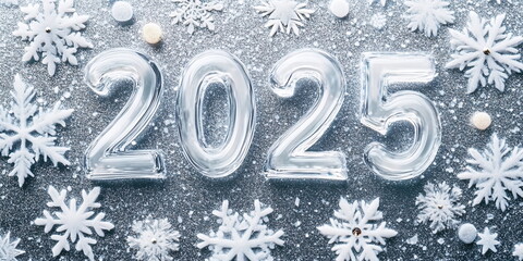 Numbers 2025 in clear ice, placed on a frosty silver background with glittering stars, snowflakes,...