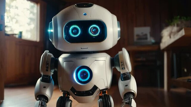 A robot is standing in a room with a wooden floor. The robot is white and has blue lights on its head