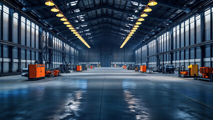 金属壁と鉄骨構造が特徴的な広い工業ビル内部、コンクリート床が産業背景に最適。生成AI