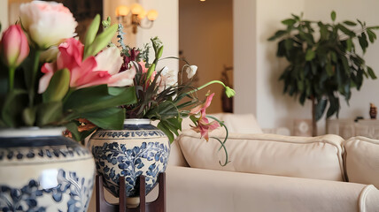 Brightly arranged floral centerpiece in decorative vases, adding elegance to a stylish living room with a cozy beige sofa and lush greenery in the background. Perfect for home decor inspiration.