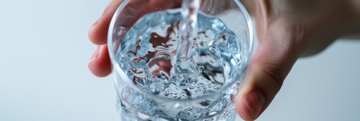 Water Glass in Hand, Filling Glass With Tap Water From Faucet Closeup Isolated on White Background