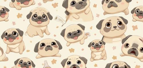  Cartoon-style pugs with paw prints and hearts on a light cream background
