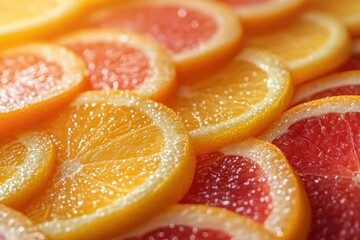 Brightly colored citrus slices arranged on a surface, showcasing vibrant oranges and grapefruits