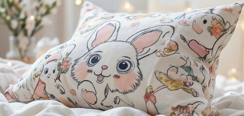  Cartoon-style bunny pillow with floral details on a white sofa