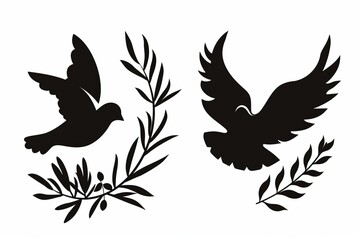 Fototapeta premium Peace dove graffiti, pigeons, twigs ink illustration. Flying birds silhouettes monochrome flat icons