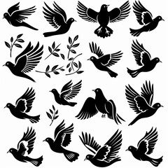 Fototapeta premium Peace dove graffiti, pigeons, twigs ink illustration. Flying birds silhouettes monochrome flat icons