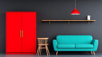 Rustic living room with ochre dining chairs, teal sofa, and ruby red kitchen cabinets, wooden shelves, and cloud grey walls