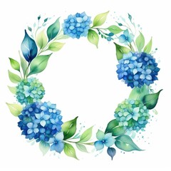 Round hydrangea wreath in watercolor with blue and green hues, accented with delicate leaves on a white background