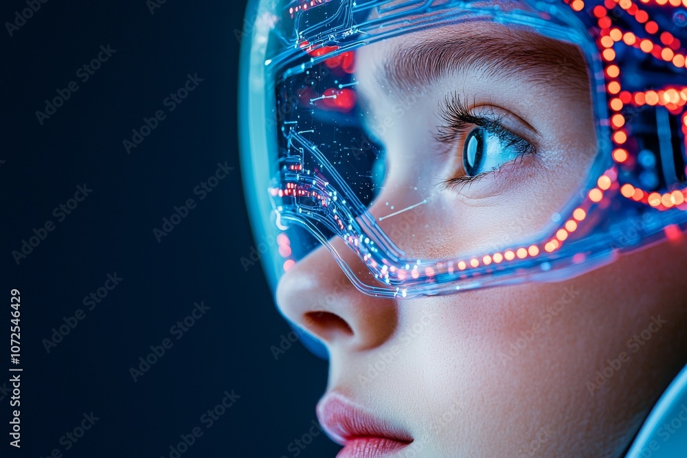 Poster stock image showing a person's focus as neural patterns light up on their face, demonstrating brain-