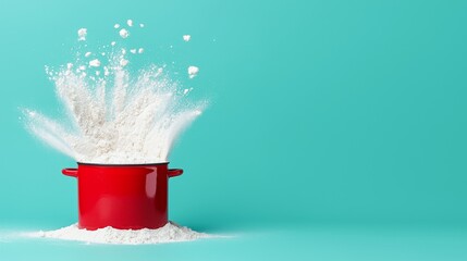 Cooking chaos comes to life as a splash of flour erupts from a vivid red pot against a striking teal background.