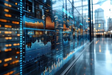 Advanced financial data visualization in a corporate office during business hours