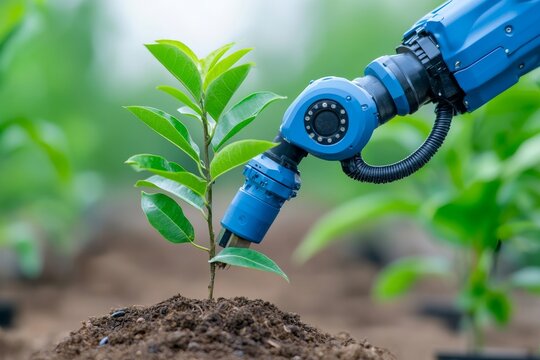 An image of a robotic plant caretaker in a high-tech greenhouse represents care in a technological age