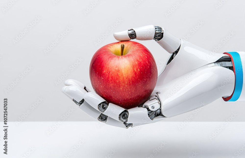 Poster using modern technology and robotics, a robot hand holds a red apple.
