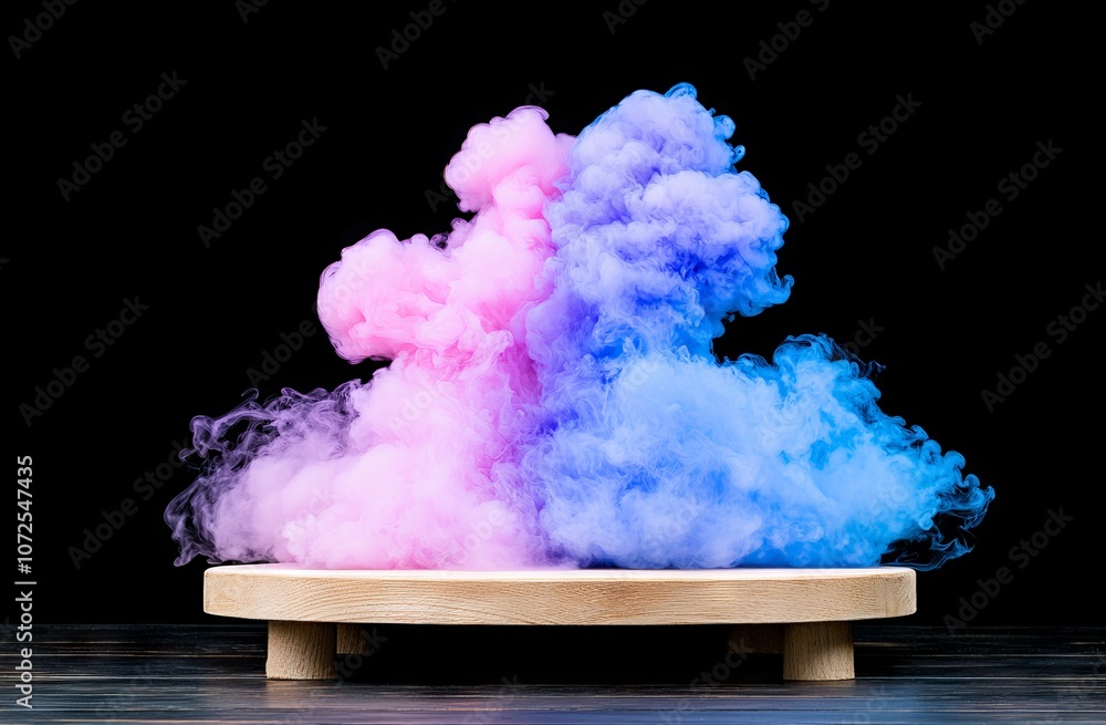 Poster Smoke floats up from a dark background on an empty wooden table