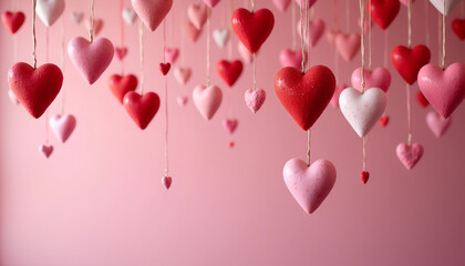 Delicate hanging hearts in shades of red and pink create a whimsical Valentine's Day decoration against a soft pink backdrop