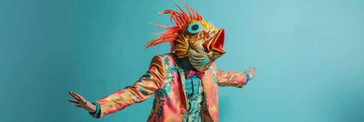Freak in fish mask dancing, masquerade, absurd carnival, having fun in costume party, weird mask head