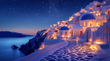 Illustration Vectorielle de Santorin la Nuit sous un Ciel Étoilé