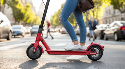 Woman Using Smartphone on Electric Scooter in Busy City