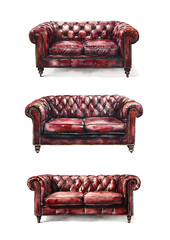 Antique dark red leather sofa, watercolor clipart illustration with isolated background.