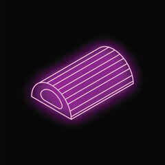 Glowing neon purple icon of rigatoni pasta is set on a black background