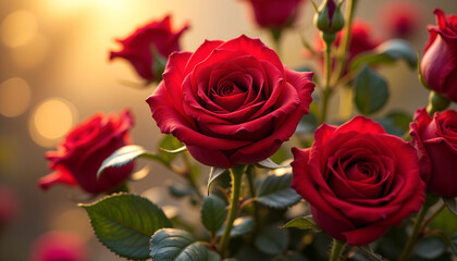 Fototapeta premium Stunning bouquet of deep red roses under soft golden light, perfect for Valentine’s Day romance and heartfelt gestures of love