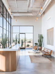 modern real estate office in scottsdale arizona, white walls, bright and airy, plants, large windows, desert