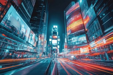 A futuristic cityscape at night. with holographic.