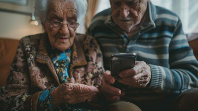 Elderly couple engaged with smartphone, exploring technology together