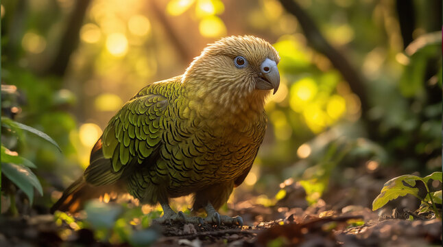 Close-up of a rare kakapo parrot in its natural forest environment. Perfect for wildlife conservation posters, nature education materials, eco-tourism brochures, and environmental campaigns.