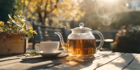 Fototapeta premium Teapot and Cup on a Wooden Table with Sunlit Background